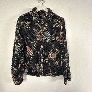 Casual Studio Womens Abstract Chenille Textured Long Sleeve Jacket Large Black